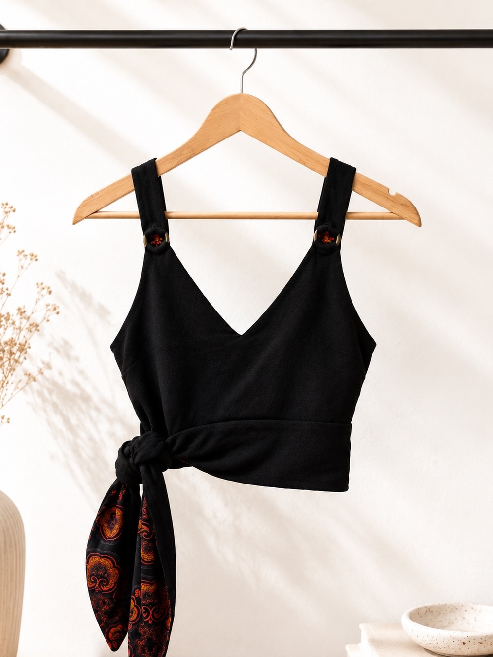 Black Boho Tie-Waist Cropped Paisley Tank Top | Free People | Size Small